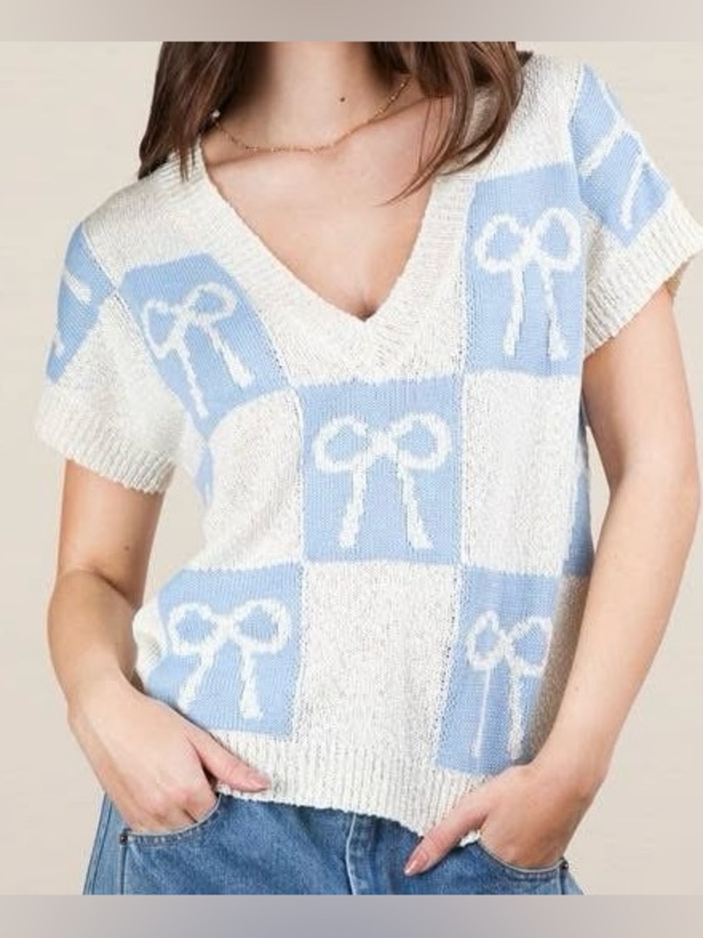 New’Me Bow Coquette Soft Girl Preppy Slouchy Oversized Twee V Neck Sweater M